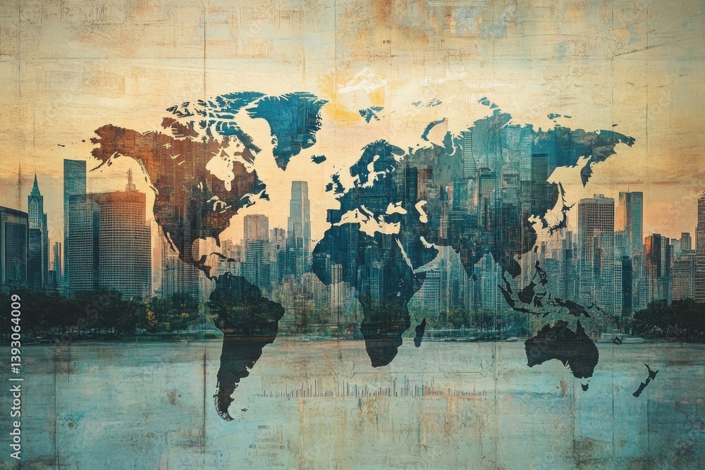 Poster a double exposure of cityscape with financial graphs and the world map, representing global business