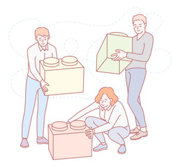 A vivid illustration of teamwork with colorful building blocks, highlighting collaboration and creativity in a fun way