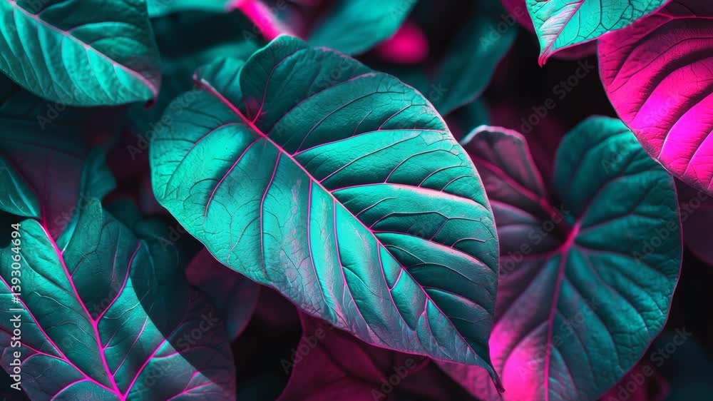 Poster detailed view of a captivating abstract leaf glowing in neon light. modern minimalism concept. textu