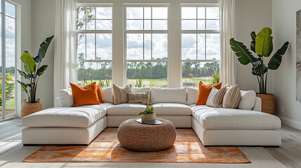 Modern living room, large windows, Florida