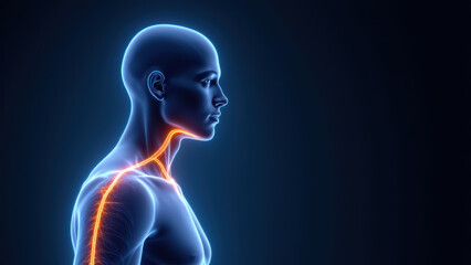 An illustration of a human head and neck, highlighting VNS or Vagus Nerve Stimulation with color-coded nerve pathways.