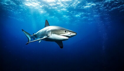 Fototapeta premium Great white shark swimming in deep sea, dramatic underwater lighting, dark blue gradient background