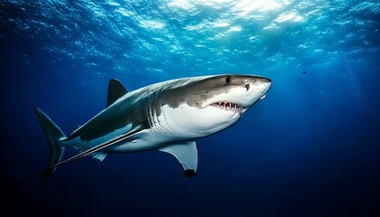 Fototapeta premium Great white shark swimming in deep sea, dramatic underwater lighting, dark blue gradient background
