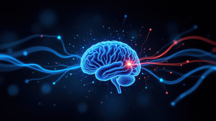 Fototapeta premium Vagus Nerve Stimulation with illustrated brain showing neural activity against a dark background.