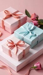 Obraz premium Gift boxes in pastel colors with delicate twine ribbons, present, twine