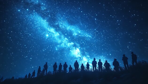 Silhouetted people standing and gazing at the starry night sky