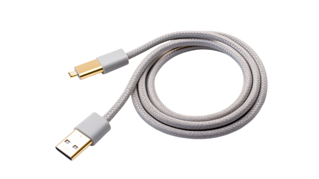 A coiled gray usb cable with gold connectors on black background