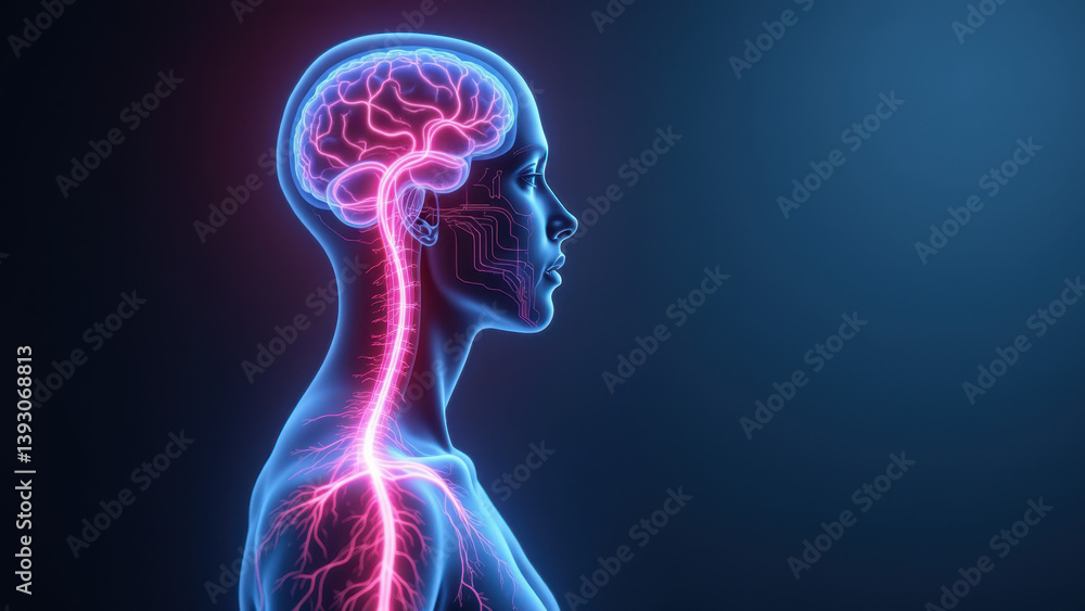 Poster vagus nerve stimulation with highlighted brain and spinal cord pathways.
