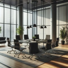 Modern conference room featuring a large round table, ergonomic chairs, and ample natural light, perfect for professional meetings and corporate presentations.