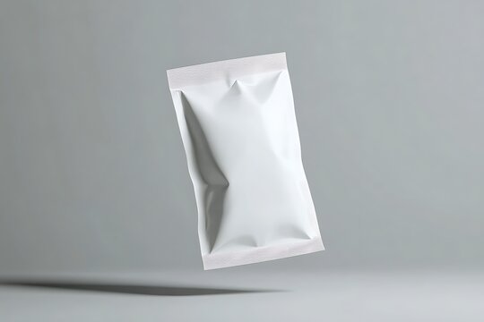 Closeup of Floating White Glossy Sachet on a Gray Background with Subtle Shadowing