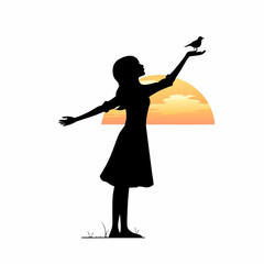 A graceful silhouette of a young girl with a little bird, symbolizing freedom and beauty, perfect for artistic and nature-inspired designs.