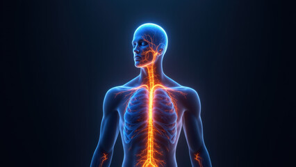 Vagus Nerve Stimulation visualized through an artistic rendering of a human body showing internal nerves and organ systems with a focus on the vagus nerve.