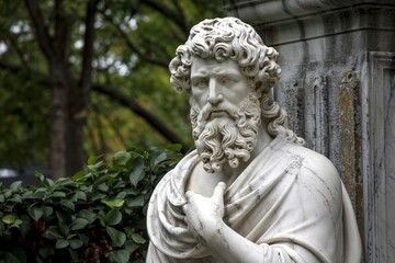 Fototapeta premium Classical Sculpture Of Man With Beard In Garden Setting Outdoors