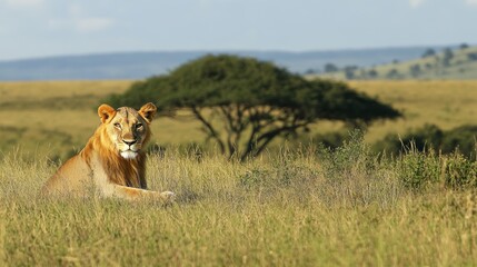 A high-definition image of a lion in the wild, showcasing its majestic and powerful gaze 