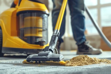 Close up of male using dust removal with modern vacuum cleaner. Construction cleaning service