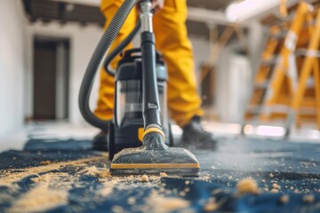 Fototapeta premium Close up of male using dust removal with modern vacuum cleaner. Construction cleaning service
