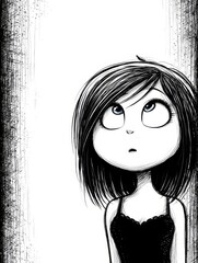  a black and white drawing of a girl with long hair wearing a black dress against a white background