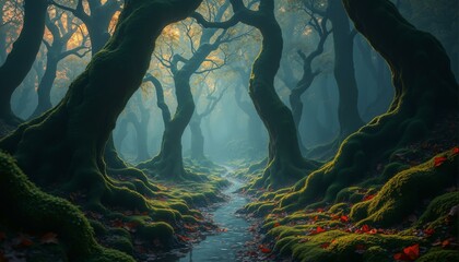 Obraz premium A serene forest clearing with intricate latticework patterns, mist, moonlight, moss, leaves, and twilight skies.