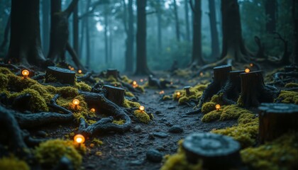Fototapeta premium Ancient forest floor with lichen-covered moss, twisted roots, weathered tree stumps, iridescent minerals, luminescent fungi, misty twilight atmosphere.
