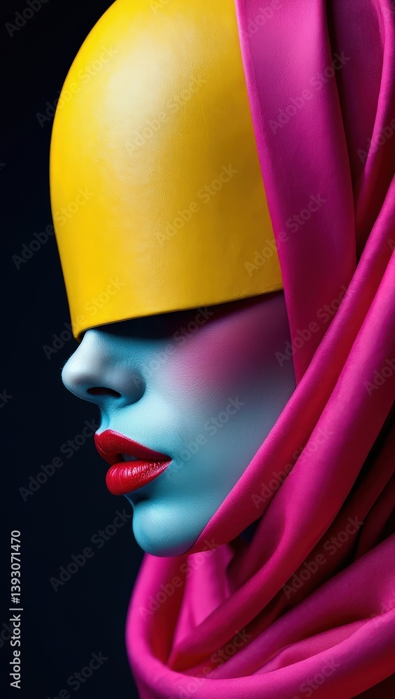 Poster Yellow spherical object partially wrapped in pink fabric with folds against a dark background emphasizing color contrast.