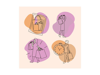 Elegant line art illustration of two man or women shopping on Black Friday. set of black and white icons perfectly captures the essence of Black Friday shopping. Hand-drawn Black Friday Shopping Icons