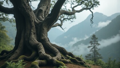 Ancient tree with cracked, earthy canvas-like bark, misty mountains, twisted roots, moss, ferns.