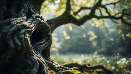 Ancient tree trunk with swirling patterns, moss-covered, gray, standing in a forest glade with dappled sunlight.