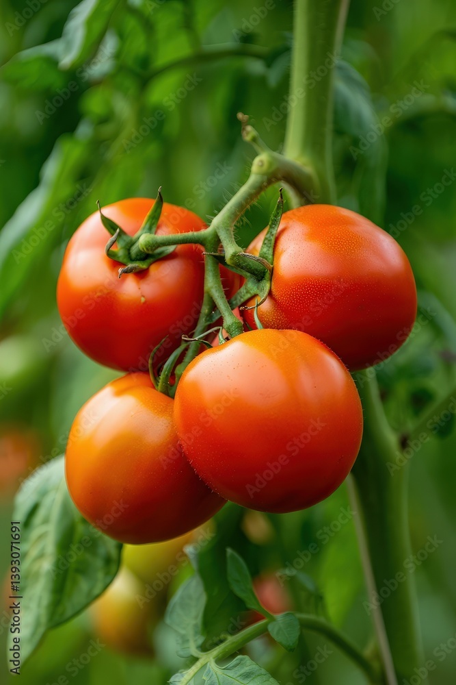 Poster cluster of ripe red tomatoes hanging on vine with green leaves in soft natural lighting showcasing f