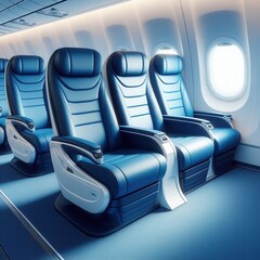 Modern airplane interior featuring comfortable blue seating, ideal for aviation, travel, and transportation themes.