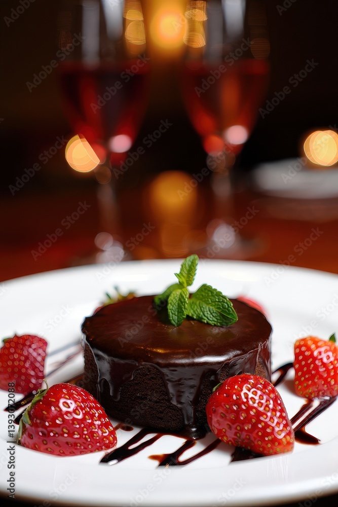 Aufkleber chocolate cake with mint garnish on dessert plate surrounded by fresh strawberries and drizzles of c