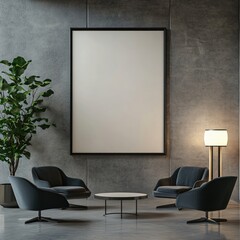 Fototapeta premium Modern office space with empty frame stylish furniture minimalist design contemporary environment vertical view creative inspiration