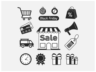 Elegant line art illustration of two man or women shopping on Black Friday. set of black and white icons perfectly captures the essence of Black Friday shopping. Hand-drawn Black Friday Shopping Icons