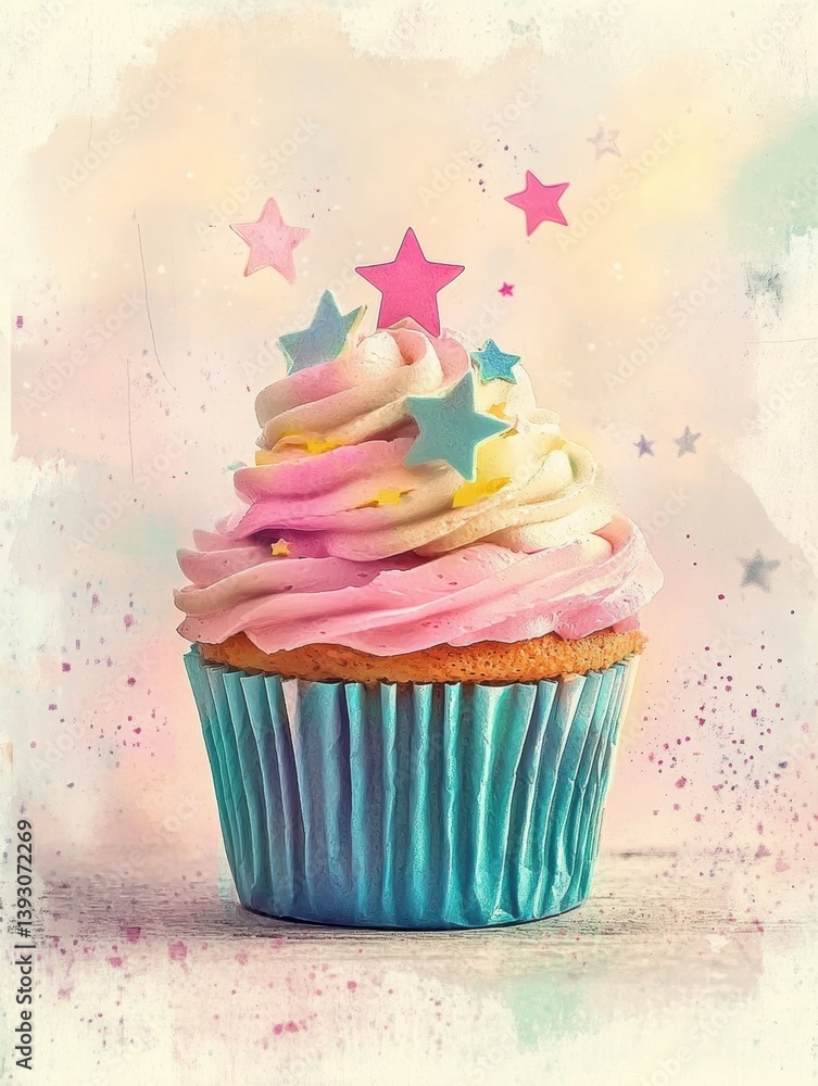 Poster delicious cupcake topped with pastel frosting and colorful stars on a soft textured background