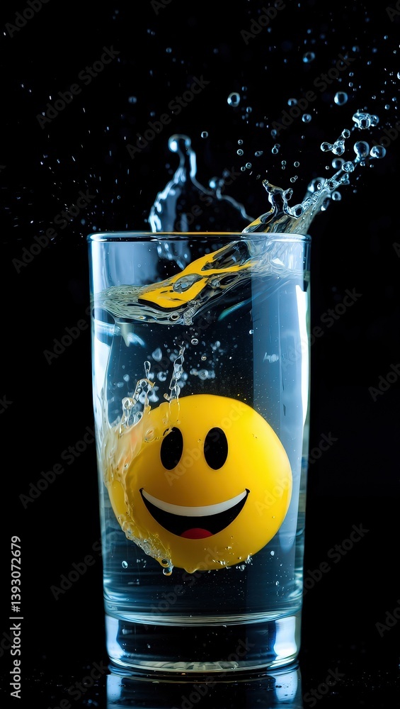 Poster yellow smiley ball floating in water inside a clear glass with splashes against a dark background hi