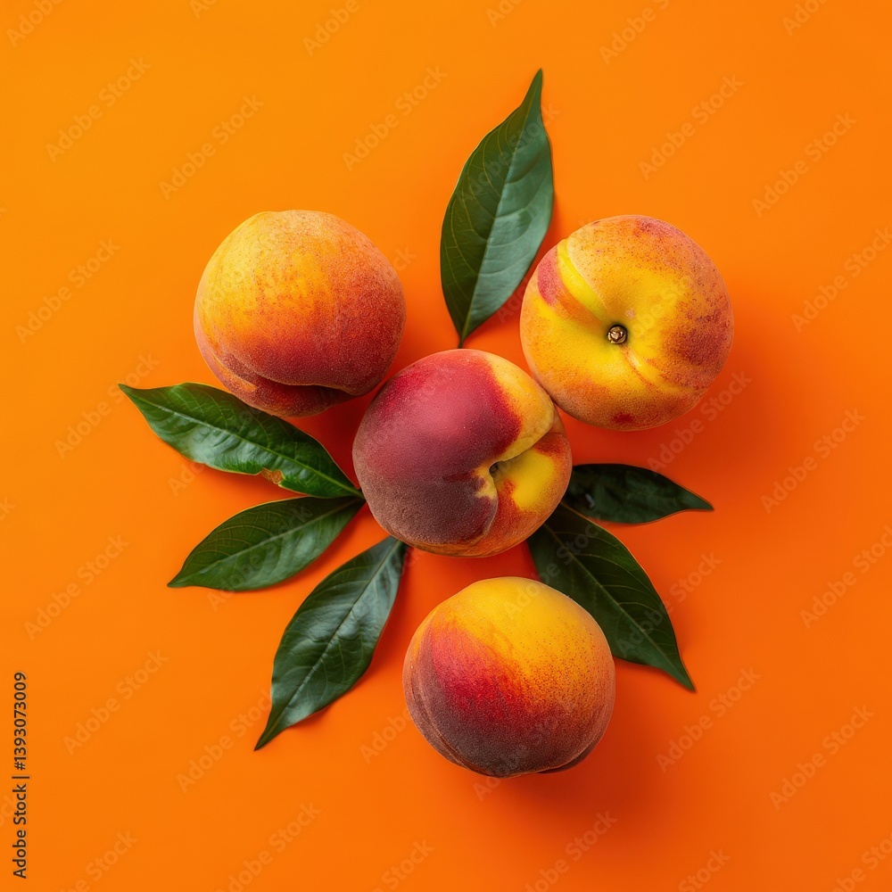 Poster four ripe peaches arranged in a circular pattern with vibrant green leaves on a solid orange backgro