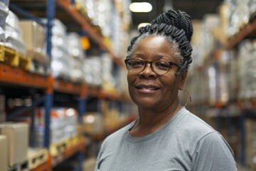 Fototapeta premium Portrait of a body positive female warehouse worker in USA