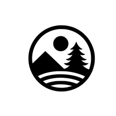 Minimalist Nature Circle Icon: Mountains, Sun, and Tree