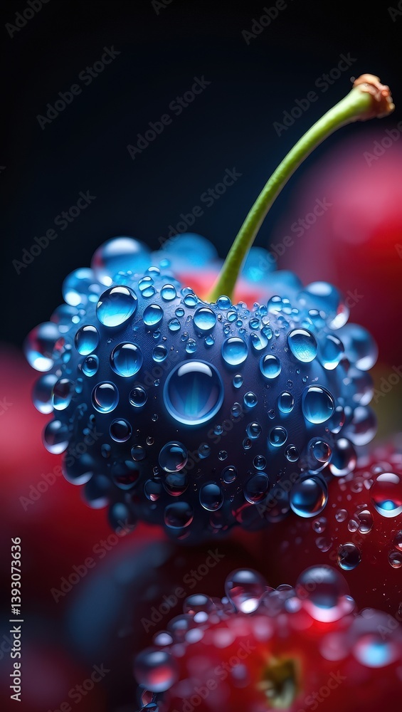 Poster blue cherry covered in water droplets creating a refreshing and vibrant appearance against contrasti