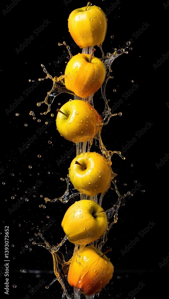 Poster five vibrant yellow apples with water splashes in motion against a black backdrop creating dramatic 