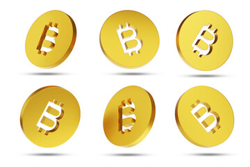 Bitcoins floating in the air in different positions, isolated on a white background. 3D illustration.
