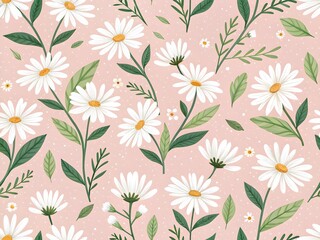 white daisy green,seamless,pattern on pink background