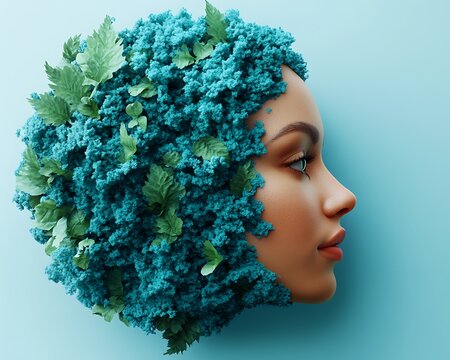 Woman's Profile, Floral Headpiece, Teal Background