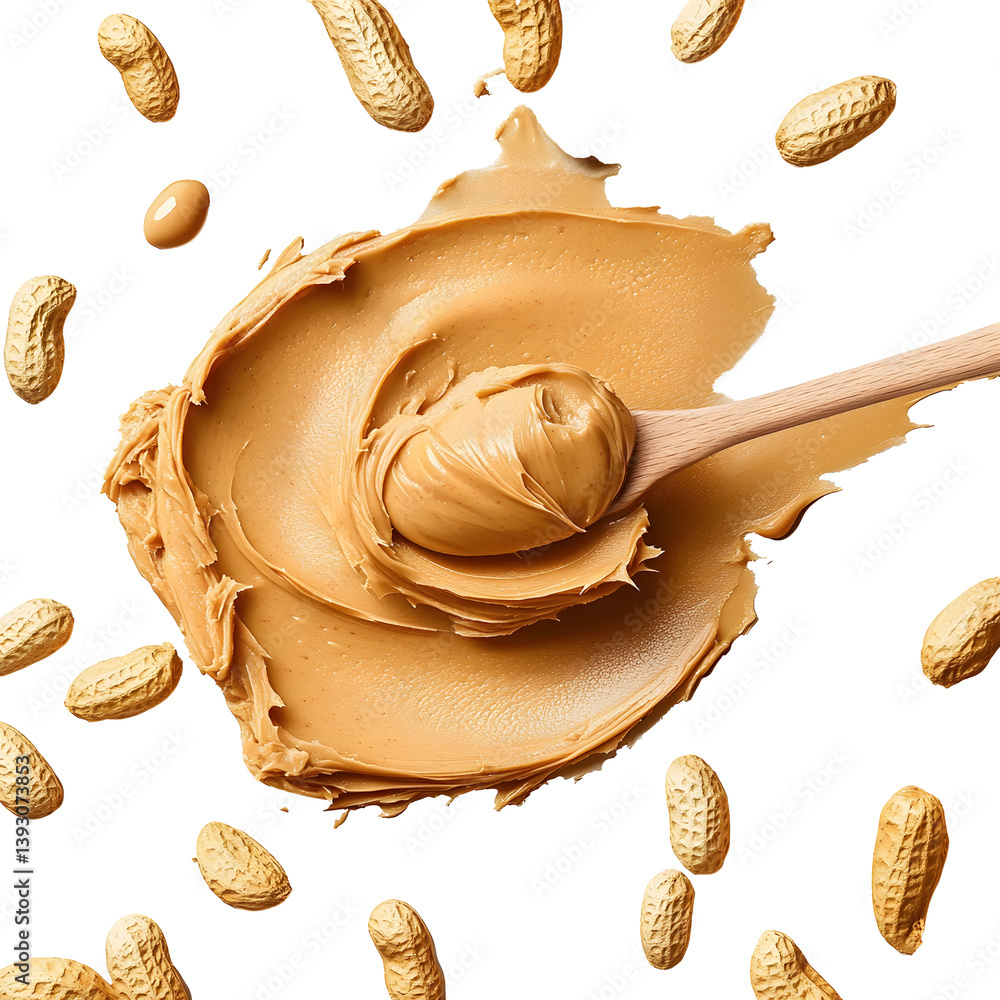 Poster spreading peanut butter with scatter peanut beans isolated on transparent background cutout