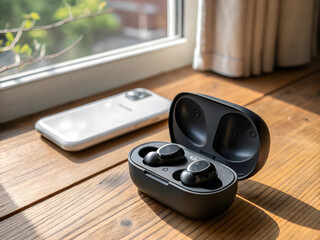 Wireless earbuds and smartphone neatly arranged near a window with sunlight streaming in, showcasing a calm and organized workspace