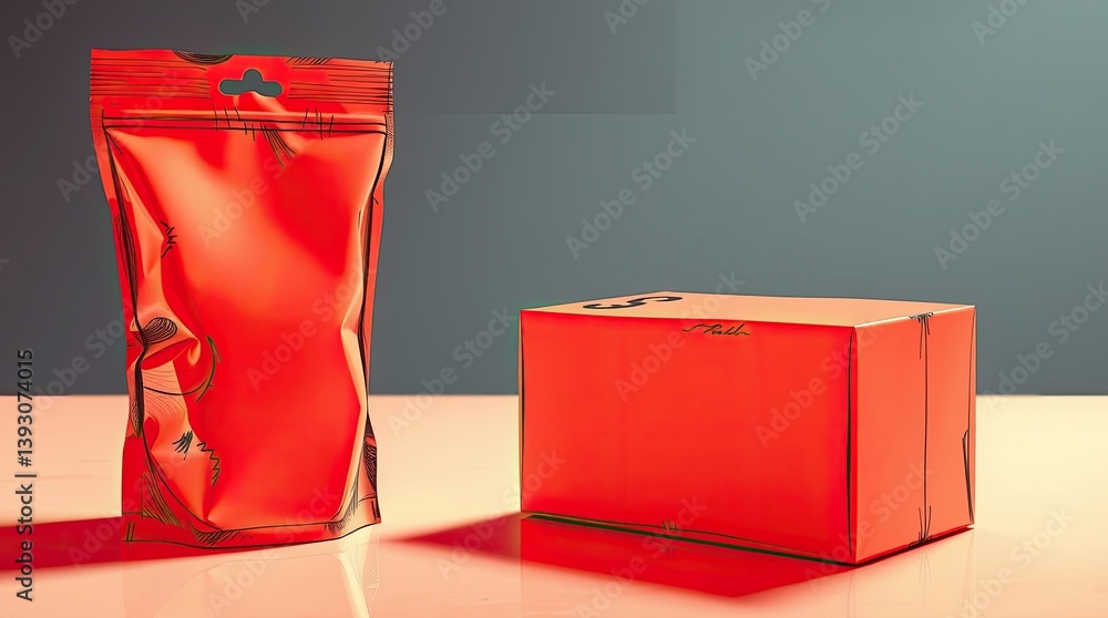 Poster a red bag and box rest on a reflective surface