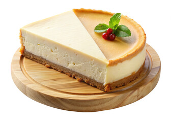 Delicious Slice of Creamy New York Style Cheesecake on Wooden Board with Cranberries and Mint