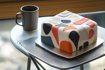 Chic Mother's Day scene with a stylish fondant cake featuring modern art designs and a sleek coffee cup on a contemporary metal table.