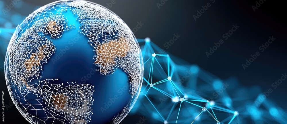 Poster a digital globe with interconnected lines, representing global connectivity and technology, set agai