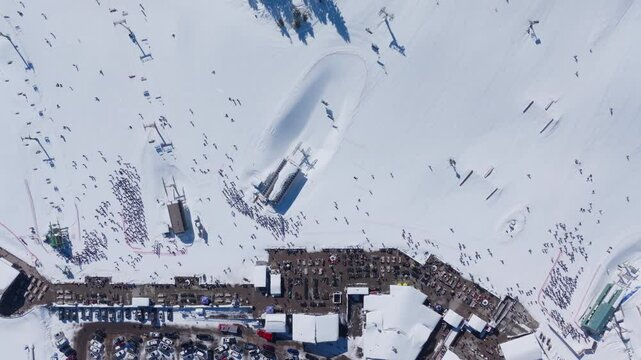 Light, fluffy snowflakes gently fall from the sky as eager skiers and snowboarders excitedly queue at the lifts in beautiful Big Bear, California, creating an idyllic winter wonderland scene