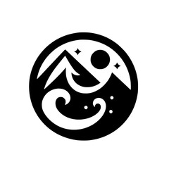 Mountain Sunset Logo: Bold Black & White Design in a Circle, Tribal Style